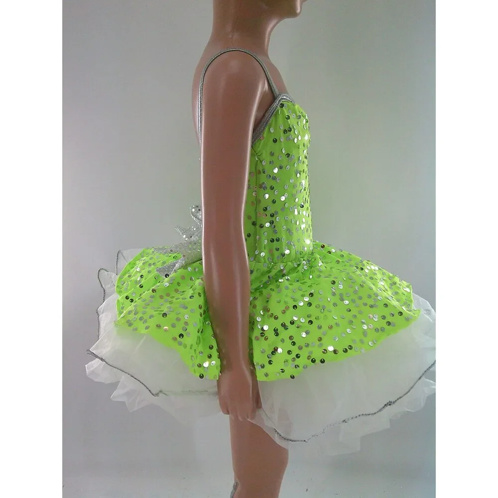 Pre-Owned Dance Costume Costume Gallery 17319 Int Child Green Dress Jazz Sequin